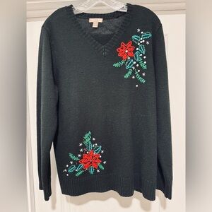 Vintage 90’s Black Christmas Sweater with Poinsettia Embroidery